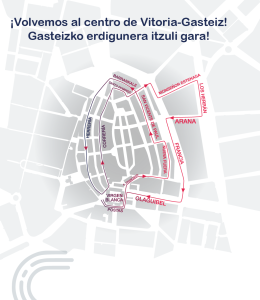 Mapa del centro de Vitoria-Gasteiz con el recorrido de la Carrera de Empresas 2025. La salida y meta están en la plaza de la Virgen Blanca. El circuito transcurre por San Francisco, Nueva Fuera, San Vicente de Paul, Barrankale, Herrería, Correría, Santo Domingo, Monseñor Estenaga, Los Herrán, Arana, Francia, Olaguibel y Postas, finalizando de nuevo en la Virgen Blanca. En la parte superior se lee el lema bilingüe: “¡Volvemos al centro de Vitoria-Gasteiz! / Gasteizko erdigunera itzuli gara!”.